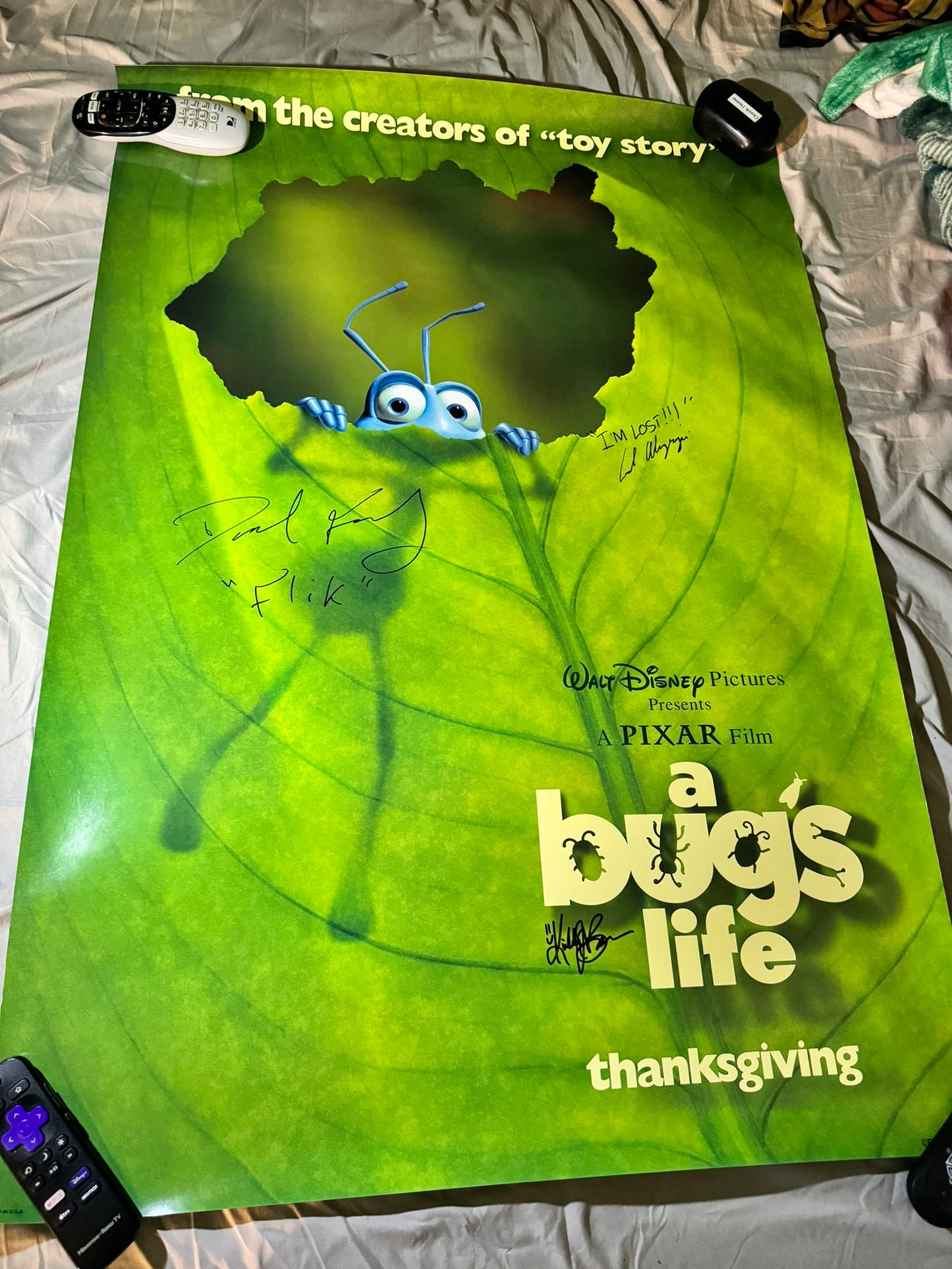 A Bugs Life 1998 - Pixar, Movie Poster 27x40 Double Sided Original, Cast Signed X3 Dave Foley with COA