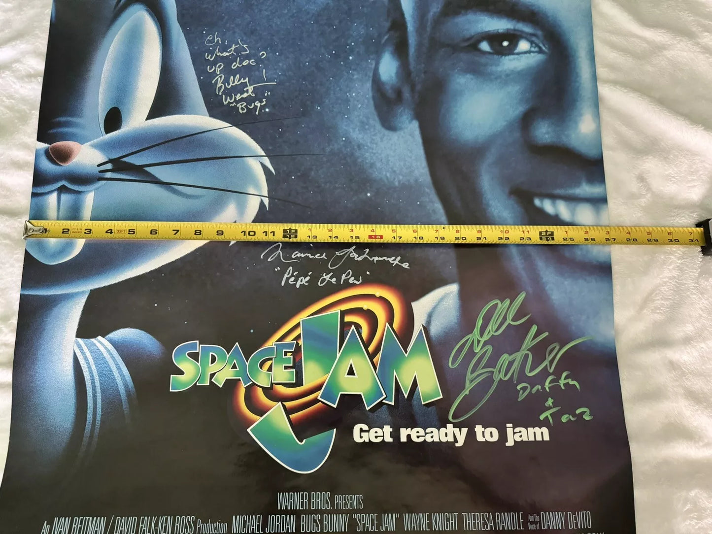 Space Jam 1996 - Movie Poster 27x40 Double Sided Cast Signed - West, Baker, Lamarche - Bugs, Daffy, Pepe - with COA